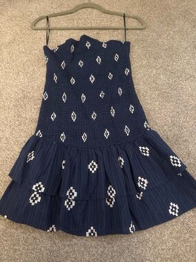 Navy Blue Strapless Smocked Dress with White Geo Print